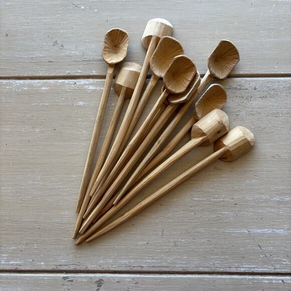 Set of 11 rustic hand-carved Mexican Folk Art Native Wooden Coffee Spoons - Picture 3 of 11